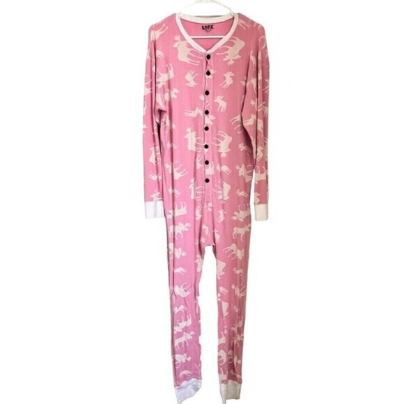 Lazy One Womens Pajamas One Piece Jumpsuit Pink XL Moose Print Flap Jack Cotton - Picture 1 of 14